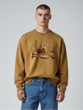 Croft & Barrow Tan Crewneck Sweatshirt with Deer Embroidered Graphic
